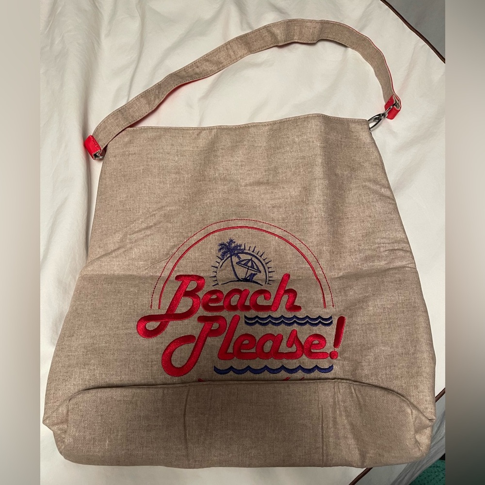 Beige Beach Please Tote Bag with Red and Blue Embroidery